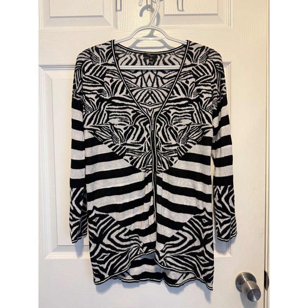 Cupio Zebra Print Cardigan Sweater Long Sleeve Black White Medium